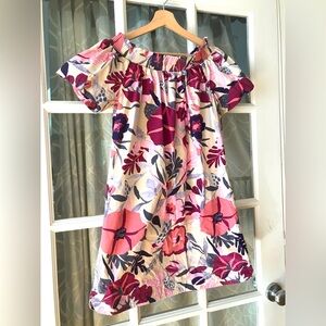 LOFT size MP short sleeve stretch smocked neck flower cotton dress in excellent